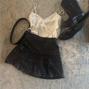 Parker Alex Skirt Black Genuine Leather Silver Studded A-line Skirt